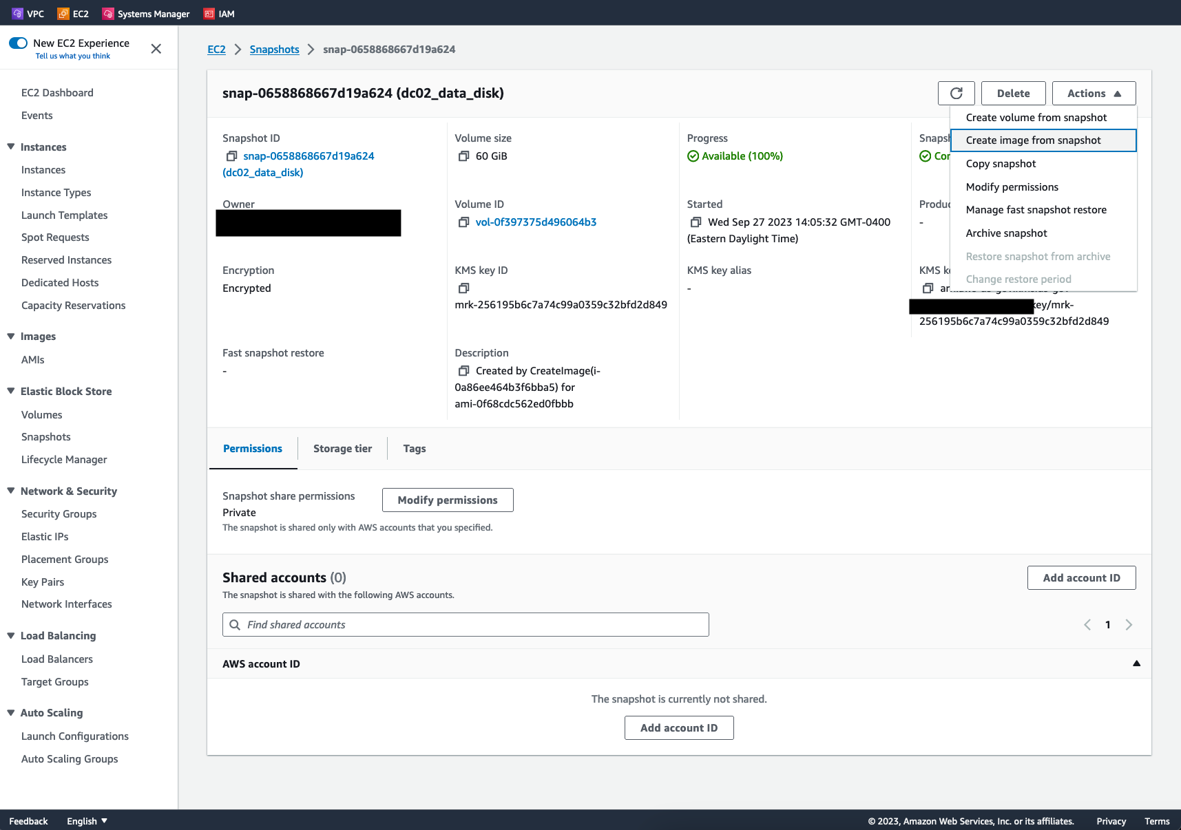 AWS EC2 snapshot detail page with the Actions menu open. “Create image from snapshot” is highlighted among the options; the snapshot description reads “Created by CreateImage for ami-0f68cdc562ed0fbbb”.