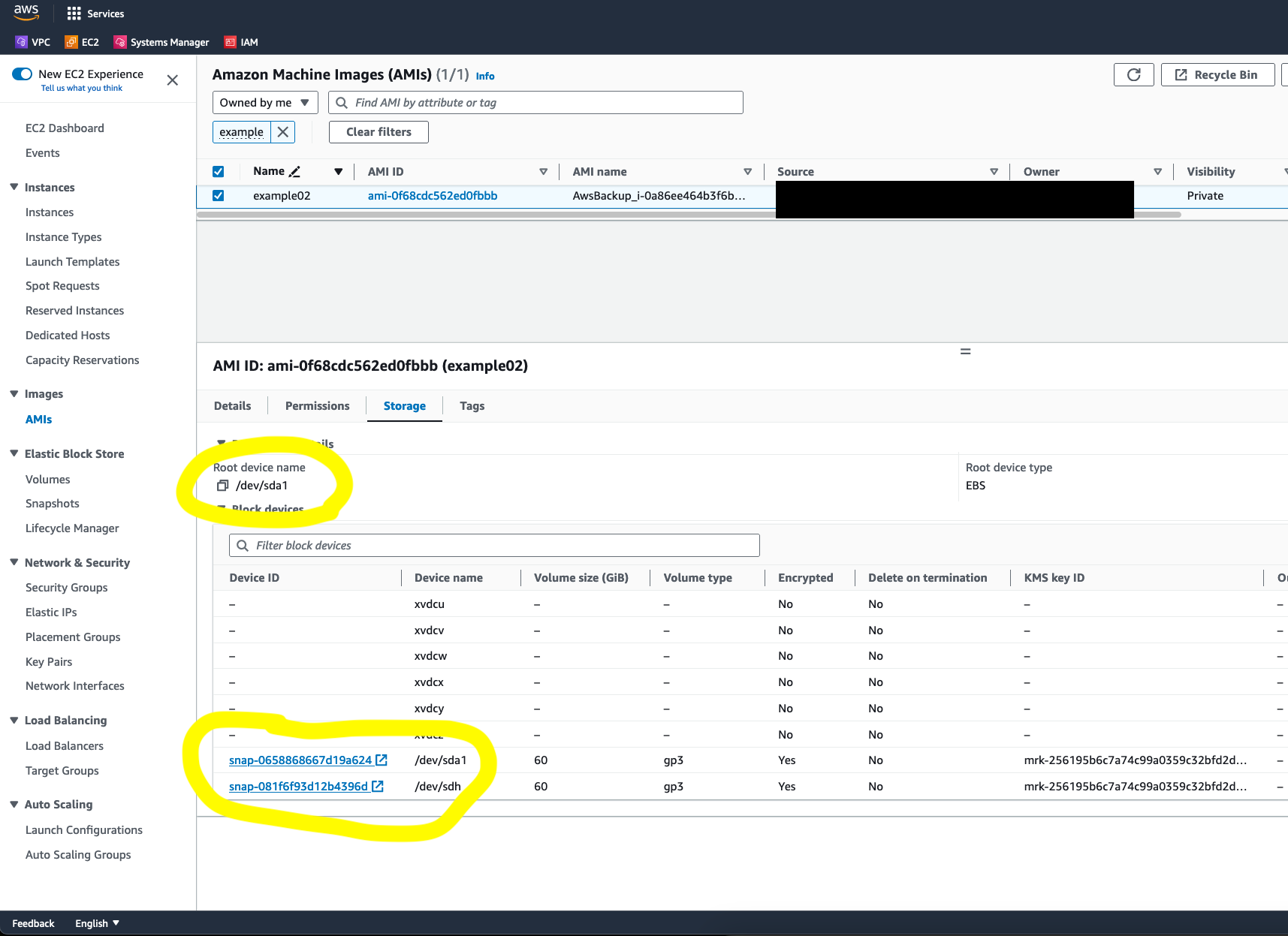 AWS EC2 console showing an AMI created by AWS Backup with its Storage tab expanded. The root device name /dev/sda1 is highlighted, along with two encrypted 60 GiB gp3 snapshots mapped to /dev/sda1 and /dev/sdh.